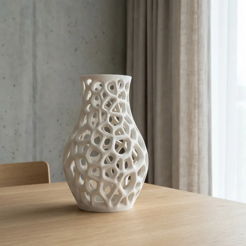White object with organic shapes produced by 3D printing; illustrative image
